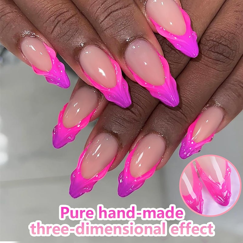 ASABITE 24 Pcs Almond Press on Nails Medium Fake Nails Kit Pink French Tip False Nails with 3D Design Almond Nail Tips Acrylic Nails Press ons Glossy Holiday Glue on Nails Reusable Stick on Nails for Women - Image 2